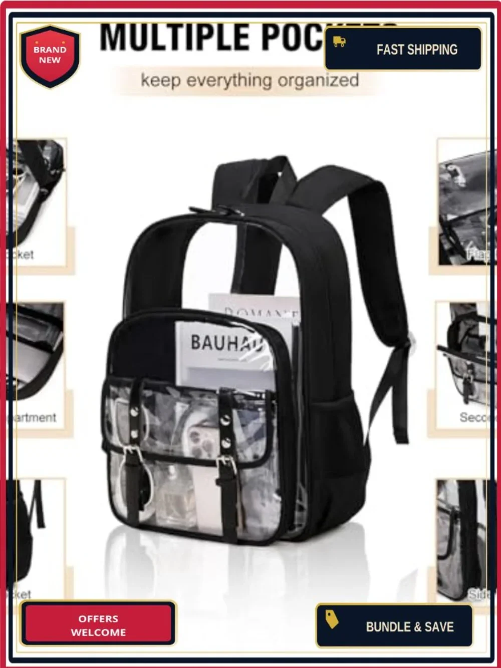 3 Piece Clear Backpack Set Heavy Duty Transparent Bookbag for School College